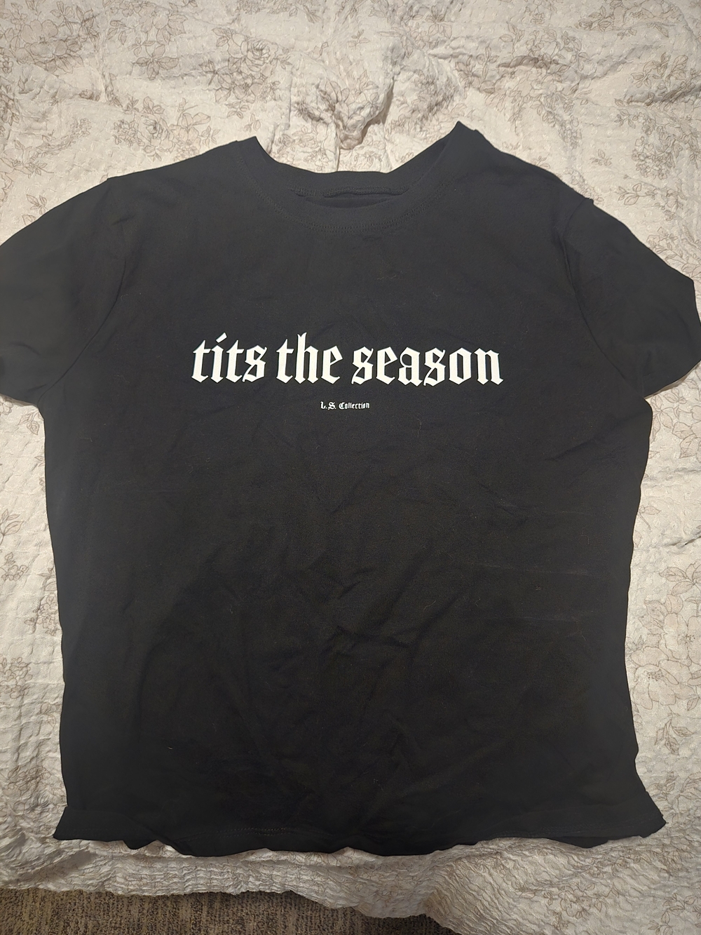 Black Short Sleeve Graphic Tee with White Slogan